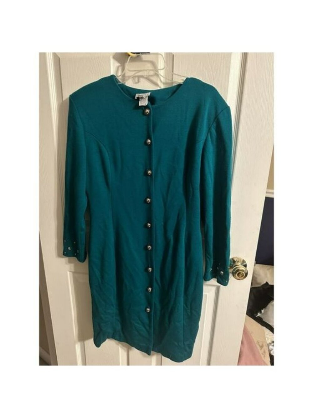 80s 90s Emerald Green Dress gold buttons Career Shoulder Pads Large 13/14 Sz Med